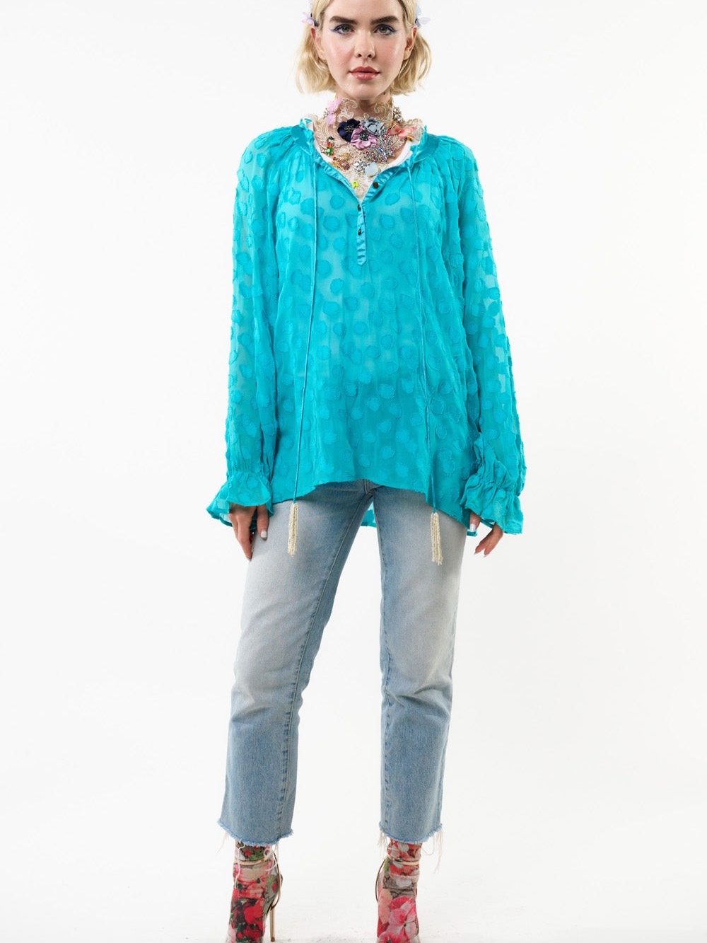 Aratta Maven Blouse Turquoise Sheer Textured Peasant Tunic